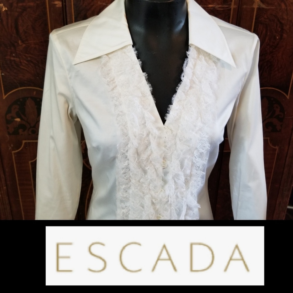 Escada blouse lace bell sleeve low cut button down